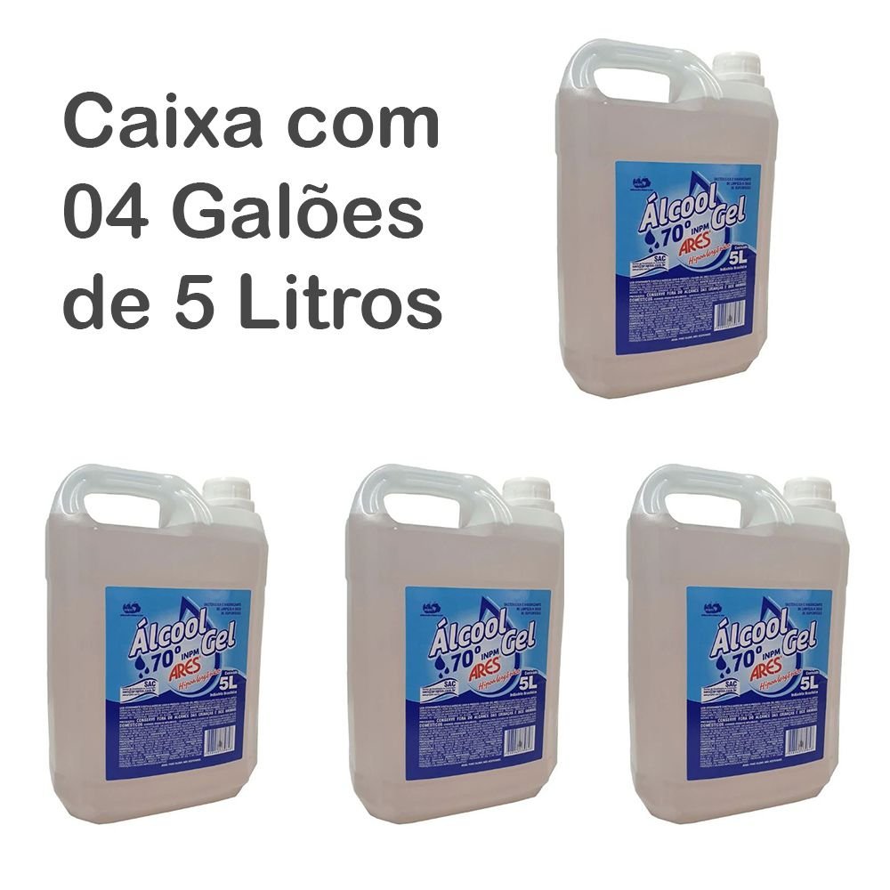 Kit c/ 4 Galões de Álcool Em Gel 70% Antisséptico Hipoalergênico de 5 Litros - Ares